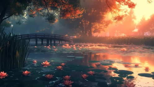Sunlit lily pond and quiet wooden bridge at gentle dusk.