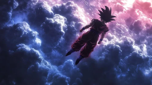 Backlit anime warrior ascending through volumetric storm clouds.