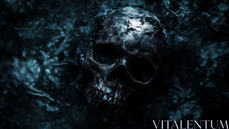 Gleaming dark skull emerges from shadowed rough earth.