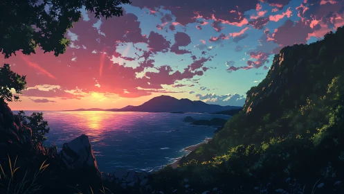 Sunset light washes over a tranquil anime coastline seascape.