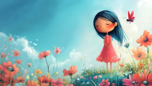Dreamy blue-haired girl stands peacefully in a flower meadow.