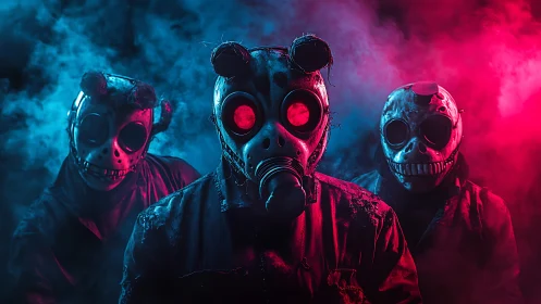 Gasmasked carnival phantoms in neon fog stare back at you.