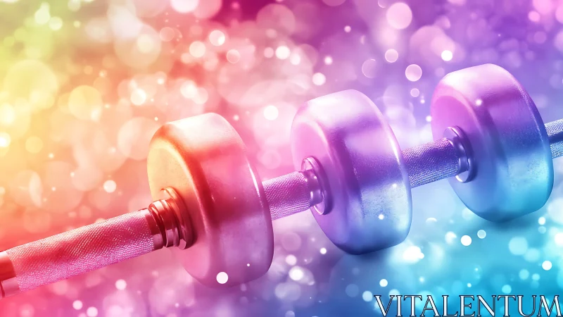 Chromatic steel dumbbell on bokeh fitness gradient background.