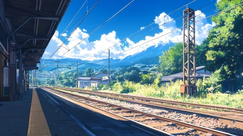 Rural railway platform under clear blue mountain sky.