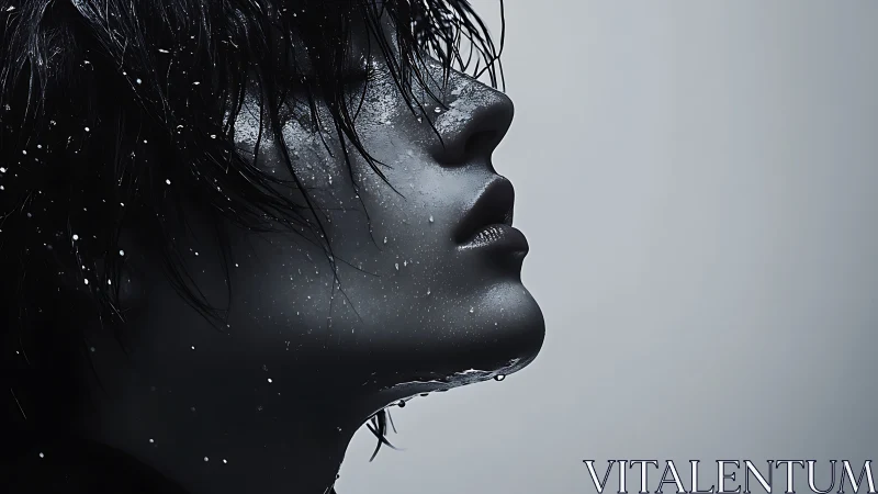 Monochrome side portrait of wet face with water droplets.