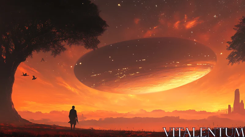 Glowing alien sky welcomes a lone wanderer at sunset