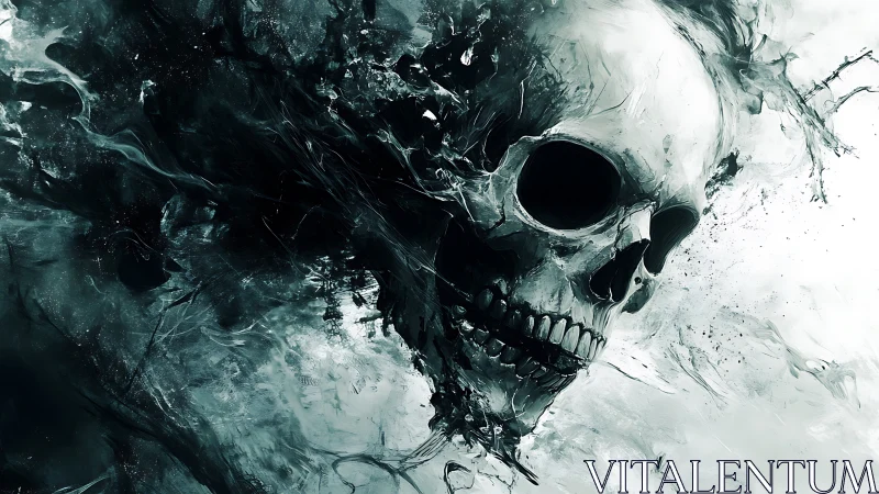 Haunting skull spirit swirling through shadowy storm clouds.