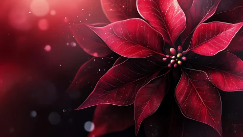 Crimson poinsettia quietly spins a galaxy of winter light