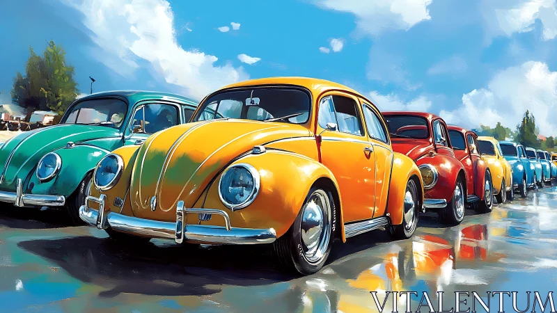 Sunlit classic beetles in vibrant chromatic procession.