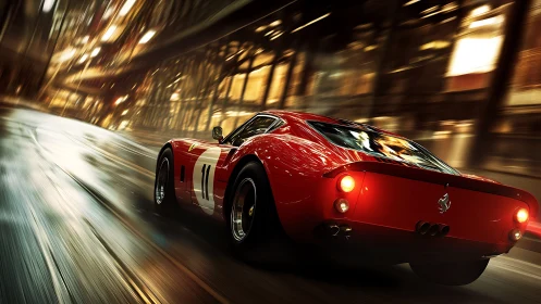 Red vintage race car on wet urban street at night.