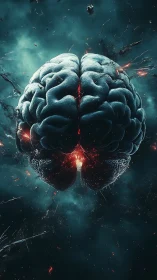 Exploding neural brain form in cosmic teal void with embers.