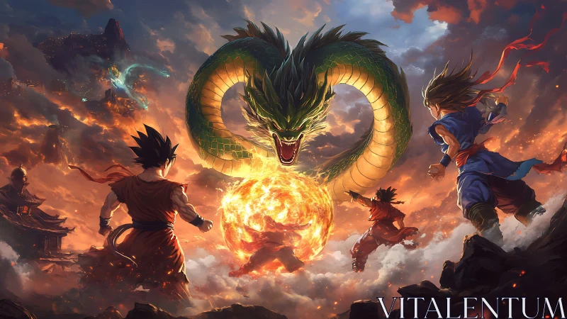 Skyfire dragon pact over blazing sun-orb warriors.