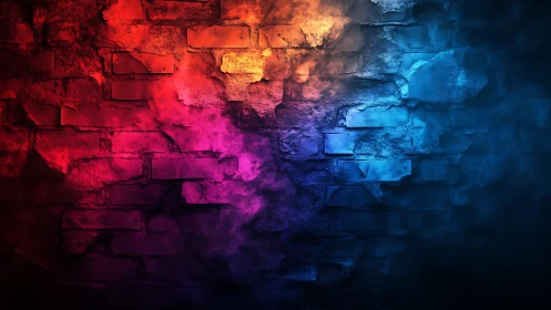 Vibrant Colored Brick Wall with Gradient Neon Lighting Effect.