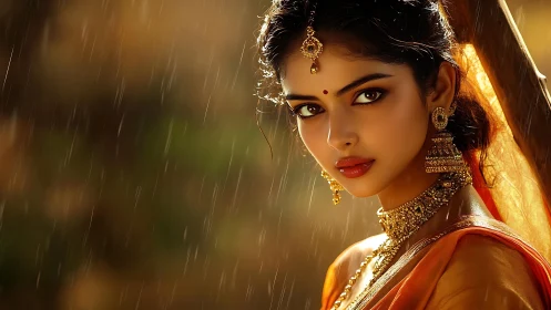 High-fidelity digital portrait of jeweled woman in monsoon rain.