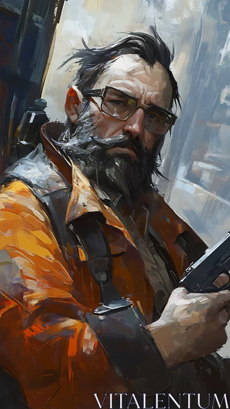 Weathered wanderer in orange coat with quiet resolve.