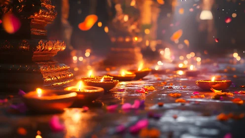 Oil-lit clay diyas with petal-strewn stone floor at twilight
