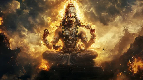 Luminescent deity in volcanic cloudscape, meditative equilibrium.