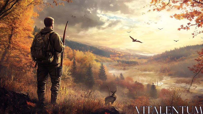 Bow-wielding wanderer pauses as dawn pours over autumn hills