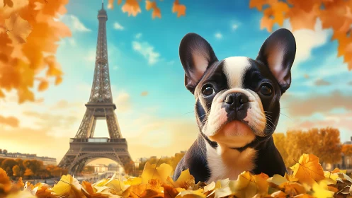 Curious French bulldog pup exploring cozy autumn Paris.
