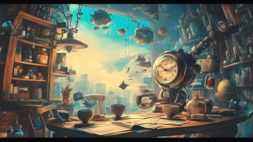 Time-tossed coffee break in a floating sky library.