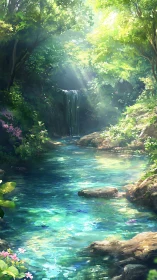 Sunlit forest creek with small waterfall and rocks.