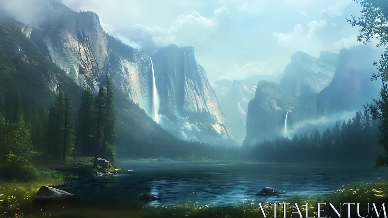 Majestic alpine valley unfolds around a misty waterfall lake