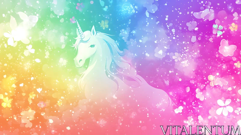Iridescent unicorn silhouette in high-saturation rainbow bokeh field.