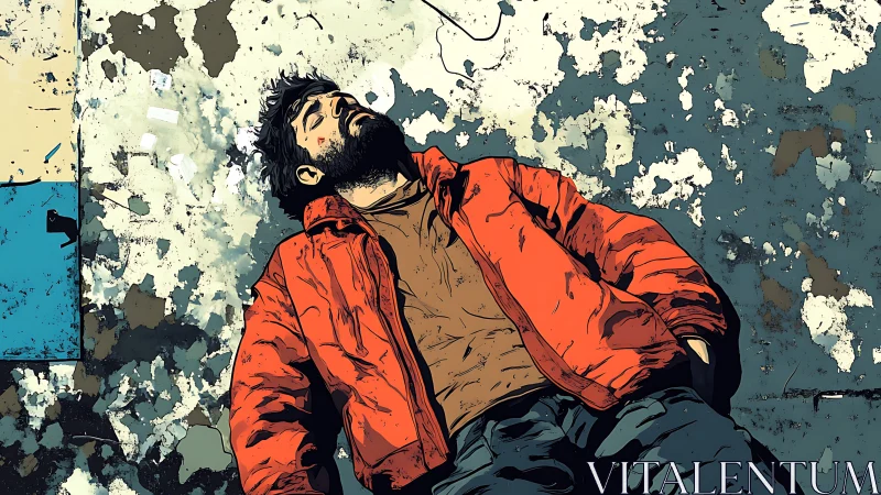 Man in red jacket lies on weathered, peeling concrete ground