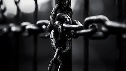 Grit-black iron chain locked in a hush of blurred steel bars.