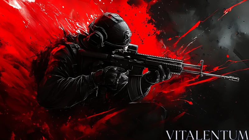 Tactical rifle soldier in red and black combat artwork.