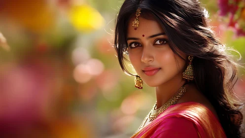 Elegant Indian woman in traditional attire, vibrant soft-focus portrait.