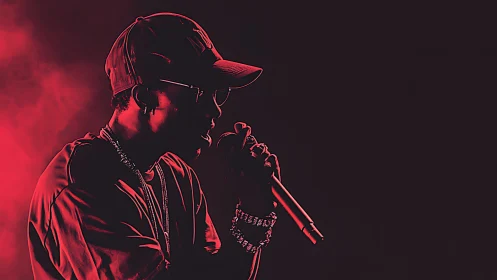 Silhouetted hip hop vocalist commands stage in red haze