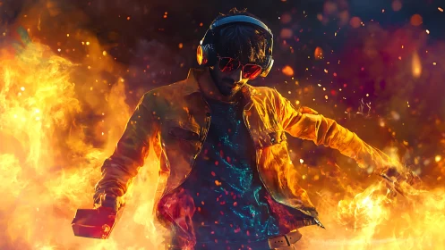 Fiery DJ Immersed in Blazing Music Energy.