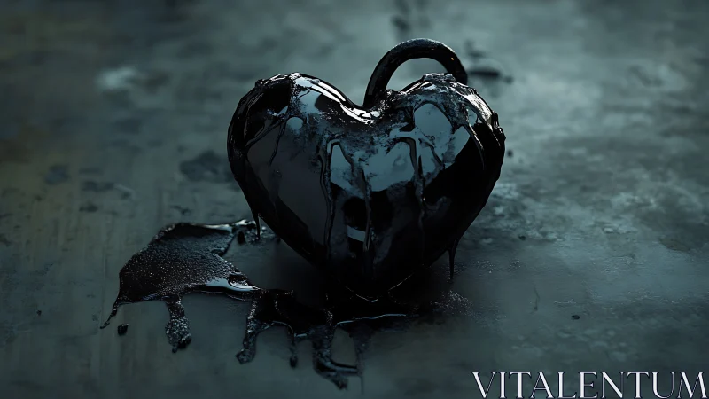 Oil-drenched heart-lock melts quietly onto a cold floor