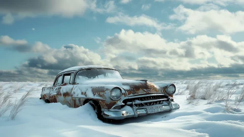Rusty vintage sedan abandoned in deep winter snowfield.