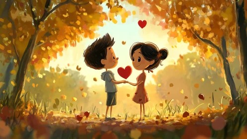 Two Children Holding Hearts in Autumn Forest Glow