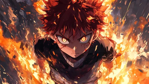 Fierce anime boy charging forward through erupting flames