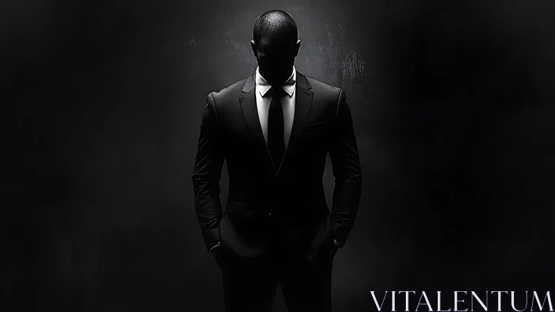 Silhouetted man in formal suit emerges from chiaroscuro void