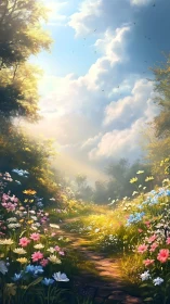 Sunlit wildflower forest path under volumetric spring sky