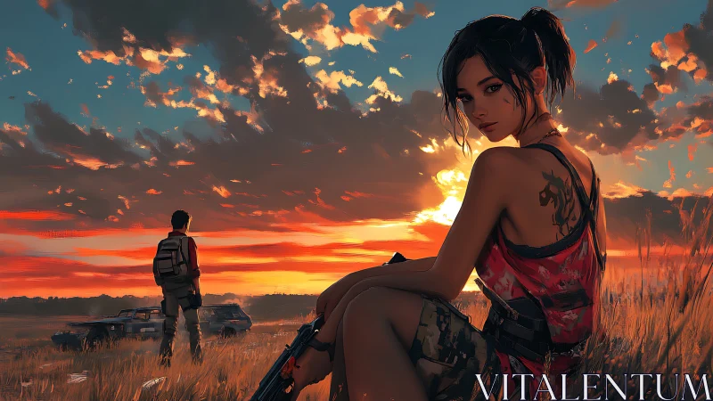 Sunset warriors resting together in a quiet golden field.