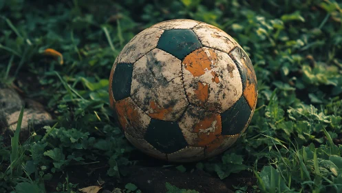 Weathered soccer ball rests quietly on lush green grass.