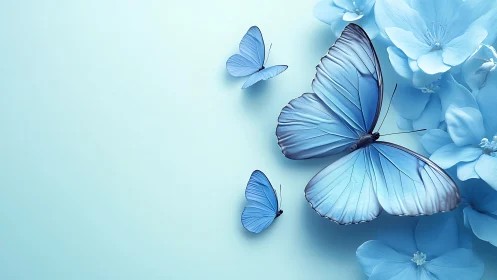 Blue butterflies on monochrome floral background study.