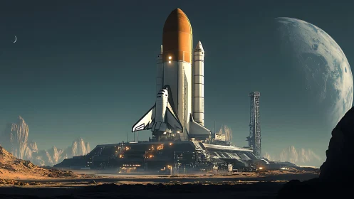 Moonlit shuttle poised for launch on a distant frontier.