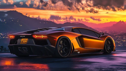 Orange supercar glows against neon city sunset skyline.