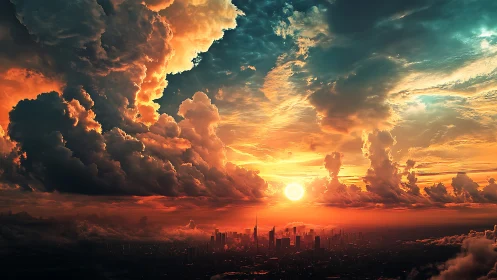Fiery sunset engulfs a futuristic city beneath towering clouds