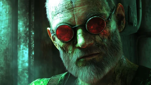 Mysterious old wanderer glowing in eerie green light.