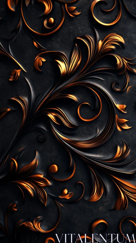 Metallic floral scrollwork curls across dark textured surface
