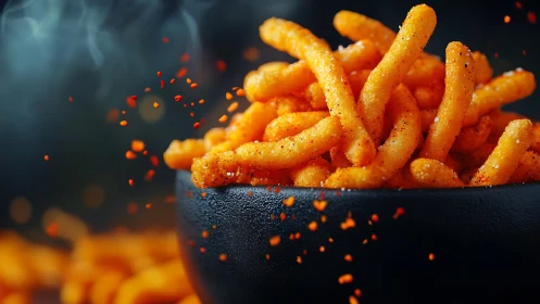 Crisp cheese snacks under shallow depth, backlit spice motion