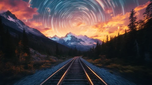 Railroad leads toward snow mountains under spiral star trails
