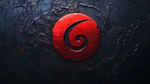 Molten crimson spiral sigil on scarred midnight wall.